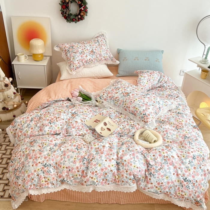 91家纺网 家纺一手货源 找家纺 昔可家纺 2022新款全棉仙仙蕾丝碎花四件套 醉梨花橙