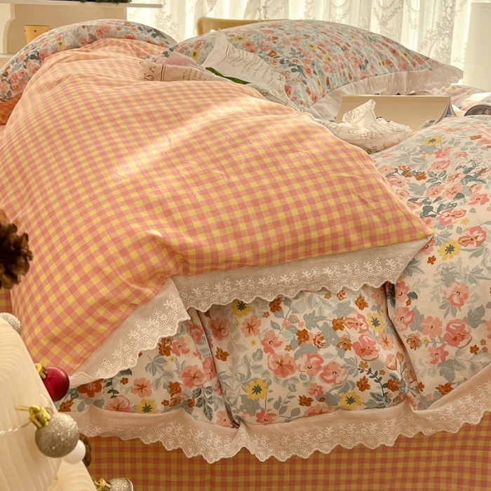 91家纺网 家纺一手货源 找家纺 昔可家纺 2022新款全棉仙仙蕾丝碎花四件套 醉梨花橙