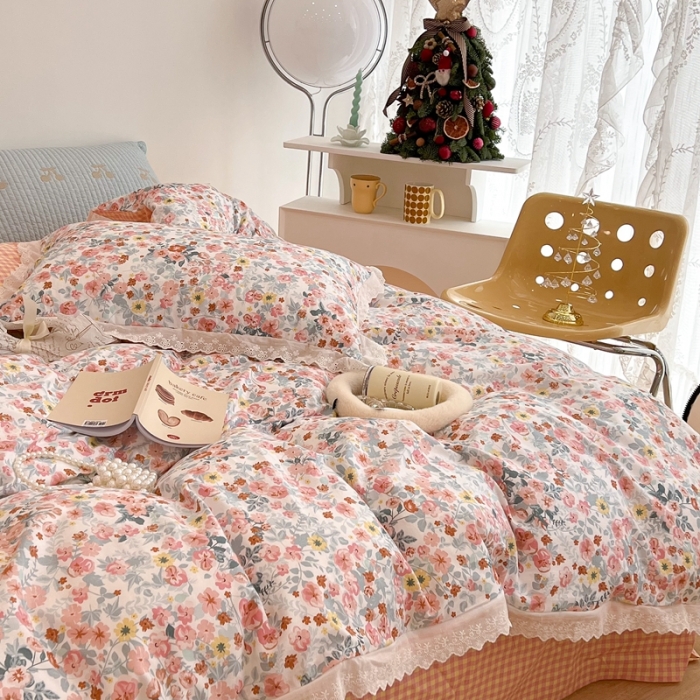 91家纺网 家纺一手货源 找家纺 昔可家纺 2022新款全棉仙仙蕾丝碎花四件套 醉梨花橙