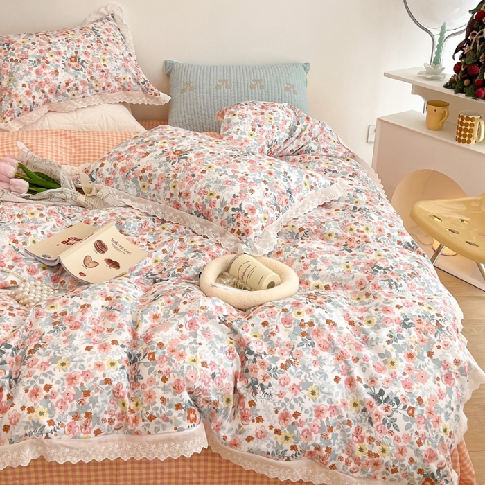 91家纺网 家纺一手货源 找家纺 昔可家纺 2022新款全棉仙仙蕾丝碎花四件套 醉梨花橙