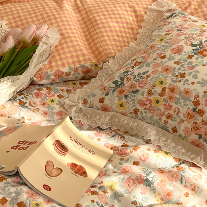 91家纺网 家纺一手货源 找家纺 昔可家纺 2022新款全棉仙仙蕾丝碎花四件套 醉梨花橙