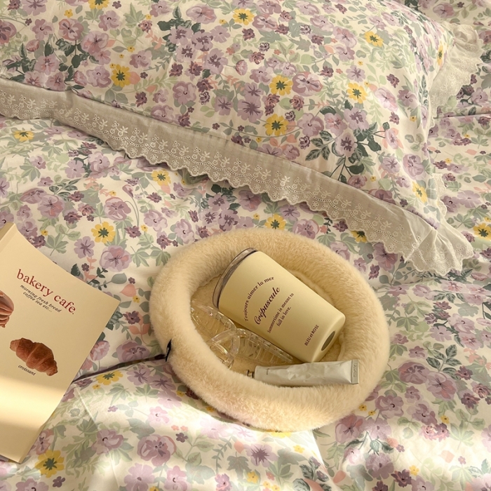 91家纺网 家纺一手货源 找家纺 昔可家纺 2022新款全棉仙仙蕾丝碎花四件套 醉梨花紫