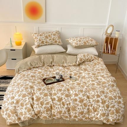 91家纺网 家纺一手货源 找家纺 昔可家纺 2022新款全棉复古杜桑系列四件套 落叶黄