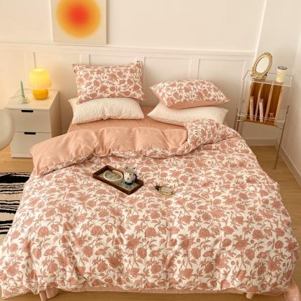 91家纺网 家纺一手货源 找家纺 昔可家纺 2022新款全棉复古杜桑系列四件套 雪山粉