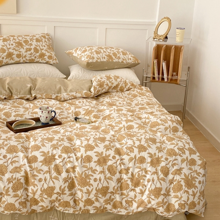 91家纺网 家纺一手货源 找家纺 昔可家纺 2022新款全棉复古杜桑系列四件套 落叶黄