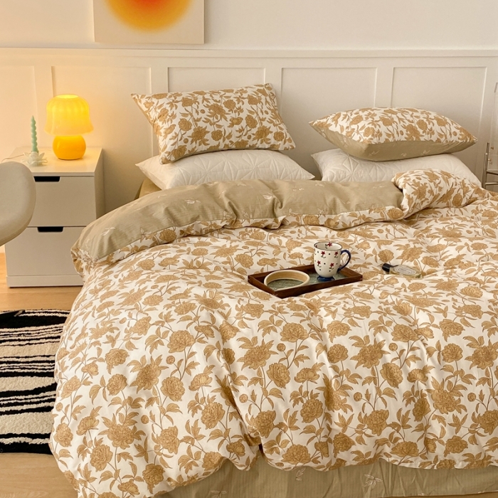 91家纺网 家纺一手货源 找家纺 昔可家纺 2022新款全棉复古杜桑系列四件套 落叶黄