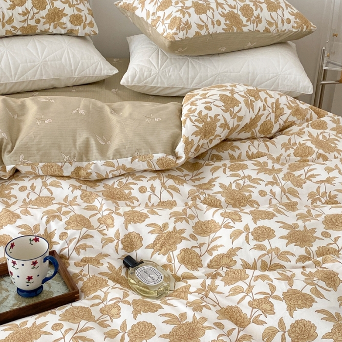 91家纺网 家纺一手货源 找家纺 昔可家纺 2022新款全棉复古杜桑系列四件套 落叶黄