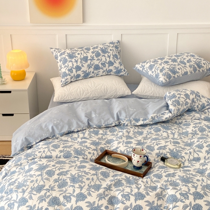 91家纺网 家纺一手货源 找家纺 昔可家纺 2022新款全棉复古杜桑系列四件套 碎冰蓝