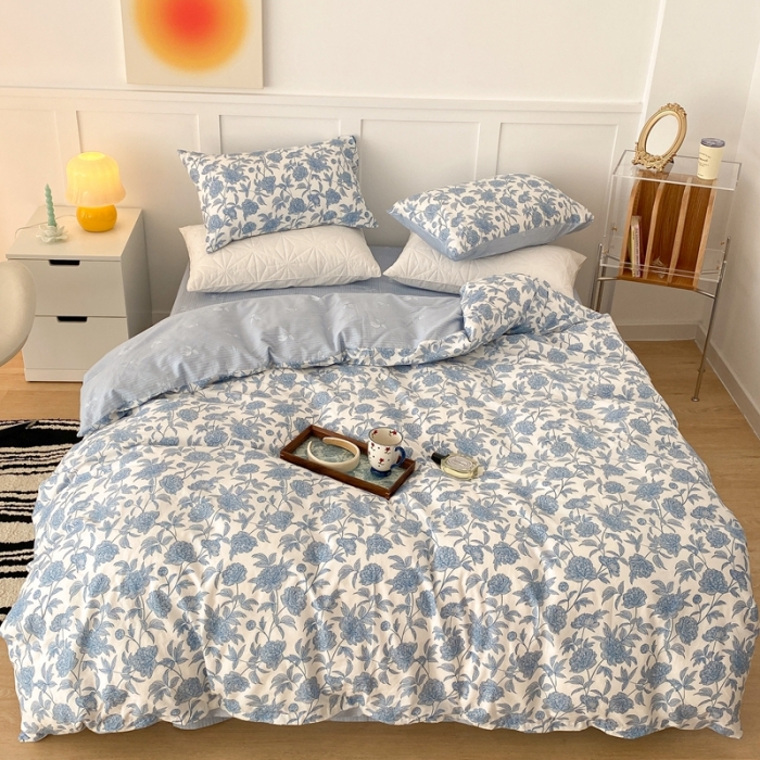 91家纺网 家纺一手货源 找家纺 昔可家纺 2022新款全棉复古杜桑系列四件套 碎冰蓝