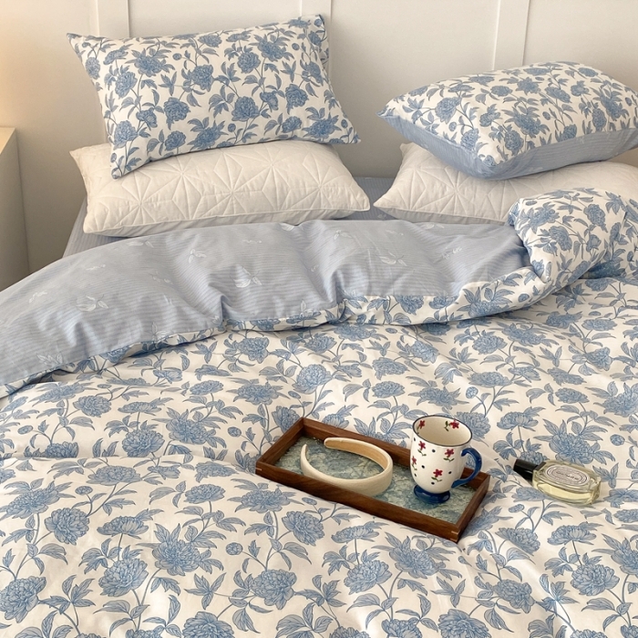 91家纺网 家纺一手货源 找家纺 昔可家纺 2022新款全棉复古杜桑系列四件套 碎冰蓝