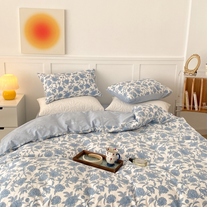 91家纺网 家纺一手货源 找家纺 昔可家纺 2022新款全棉复古杜桑系列四件套 碎冰蓝