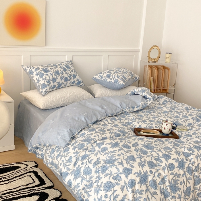 91家纺网 家纺一手货源 找家纺 昔可家纺 2022新款全棉复古杜桑系列四件套 碎冰蓝