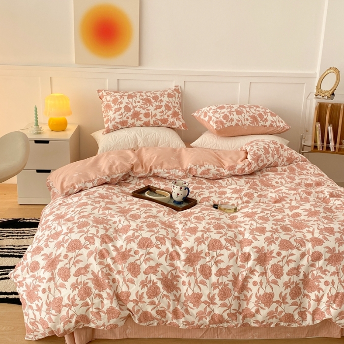 91家纺网 家纺一手货源 找家纺 昔可家纺 2022新款全棉复古杜桑系列四件套 雪山粉