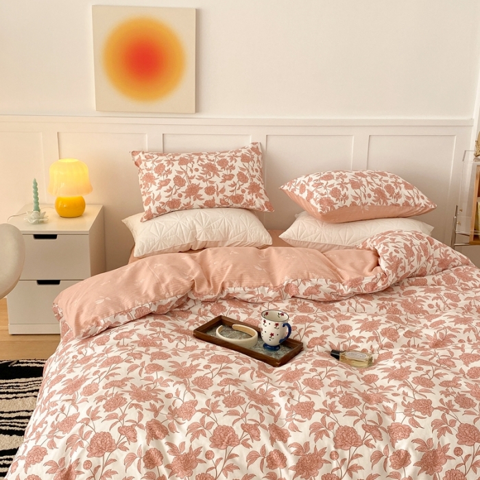 91家纺网 家纺一手货源 找家纺 昔可家纺 2022新款全棉复古杜桑系列四件套 雪山粉