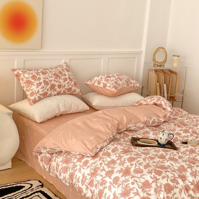 91家纺网 家纺一手货源 找家纺 昔可家纺 2022新款全棉复古杜桑系列四件套 雪山粉