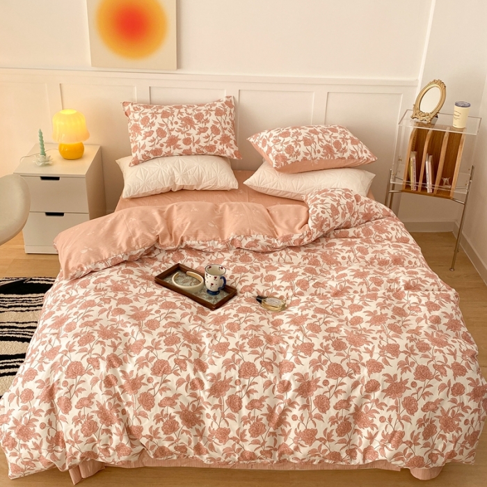 91家纺网 家纺一手货源 找家纺 昔可家纺 2022新款全棉复古杜桑系列四件套 雪山粉