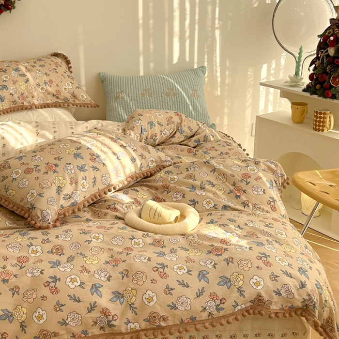 91家纺网 家纺一手货源 找家纺 昔可家纺 2022新款全棉毛球碎花款四件套 可可里甜咖