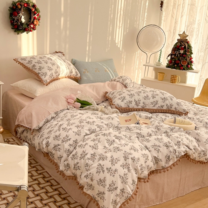 91家纺网 家纺一手货源 找家纺 昔可家纺 2022新款全棉毛球碎花款四件套 素雅花