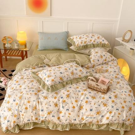 91家纺网 家纺一手货源 找家纺 （总）昔可家纺 2022新款全棉格子花边款四件套