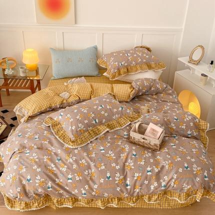 91家纺网 家纺一手货源 找家纺 （总）昔可家纺 2022新款全棉格子花边款四件套