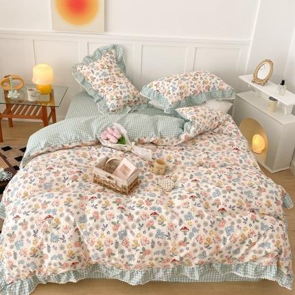 91家纺网 家纺一手货源 找家纺 （总）昔可家纺 2022新款全棉格子花边款四件套