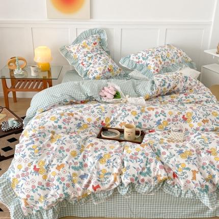 91家纺网 家纺一手货源 找家纺 （总）昔可家纺 2022新款全棉格子花边款四件套