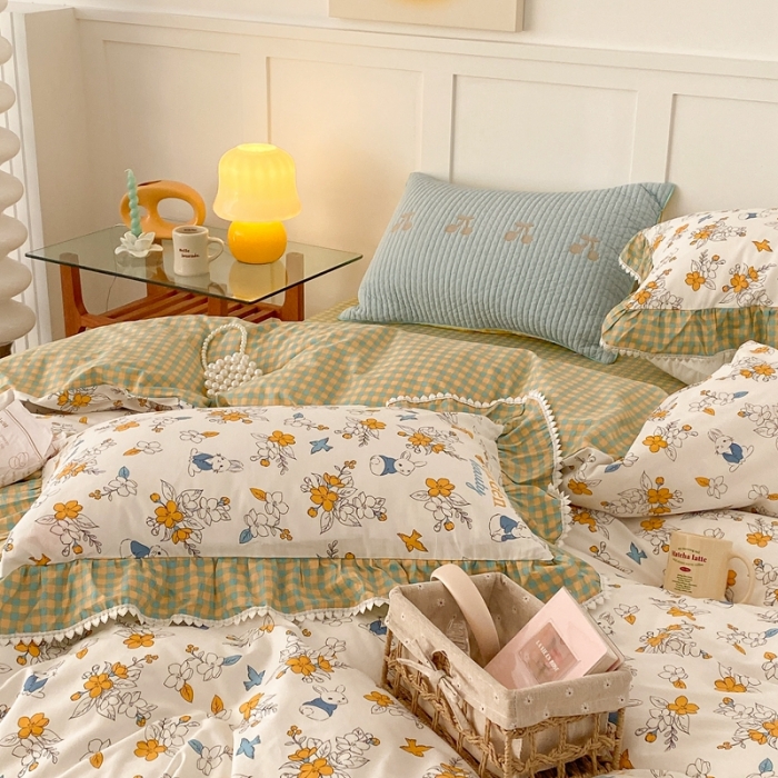 91家纺网 家纺一手货源 找家纺 （总）昔可家纺 2022新款全棉格子花边款四件套