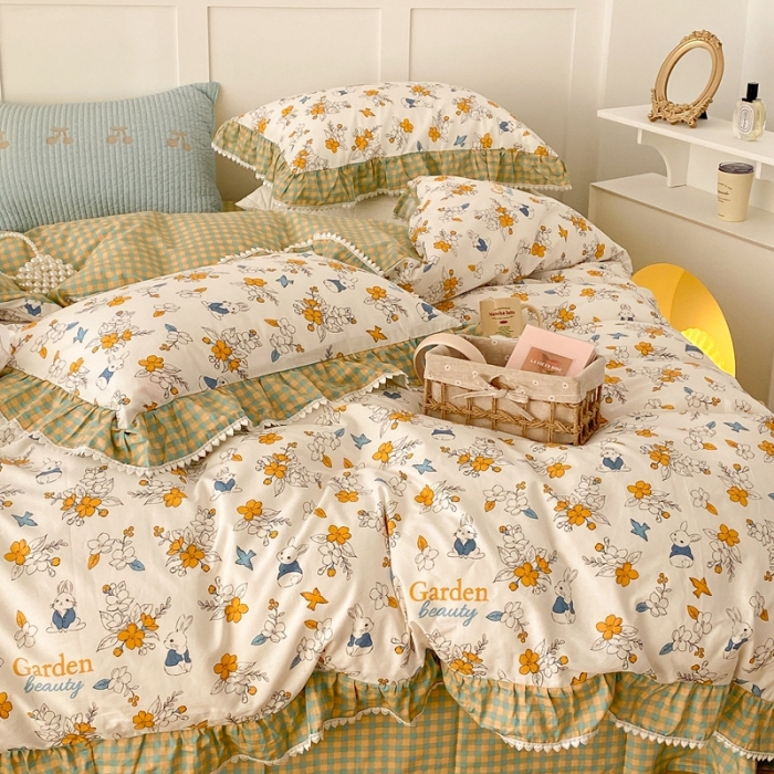 91家纺网 家纺一手货源 找家纺 （总）昔可家纺 2022新款全棉格子花边款四件套