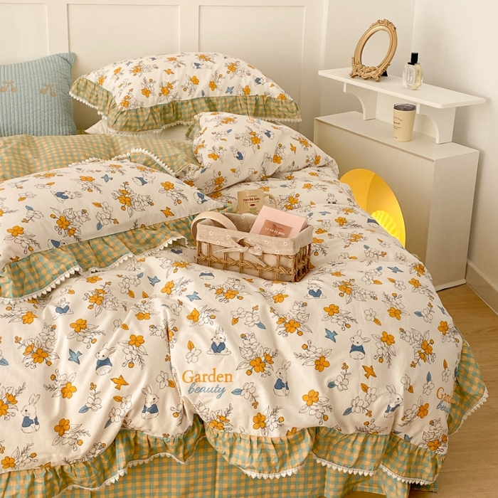 91家纺网 家纺一手货源 找家纺 （总）昔可家纺 2022新款全棉格子花边款四件套