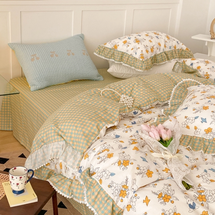 91家纺网 家纺一手货源 找家纺 （总）昔可家纺 2022新款全棉格子花边款四件套