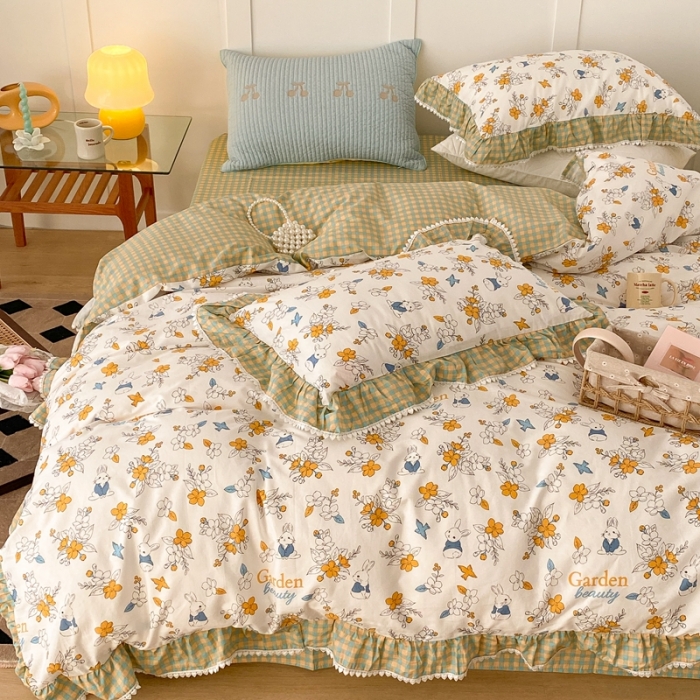 91家纺网 家纺一手货源 找家纺 （总）昔可家纺 2022新款全棉格子花边款四件套