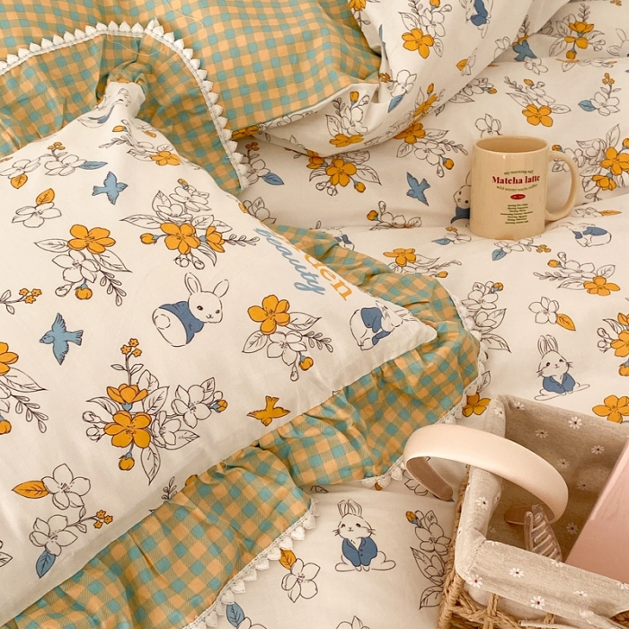 91家纺网 家纺一手货源 找家纺 （总）昔可家纺 2022新款全棉格子花边款四件套