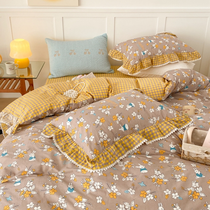 91家纺网 家纺一手货源 找家纺 昔可家纺 2022新款全棉格子花边款四件套 花园兔咖