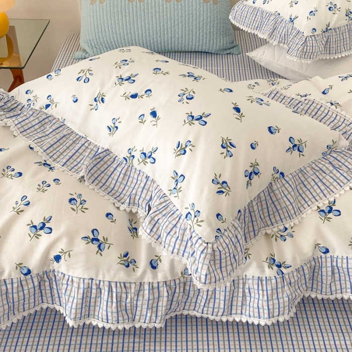 91家纺网 家纺一手货源 找家纺 昔可家纺 2022新款全棉格子花边款四件套 蓝色郁金香