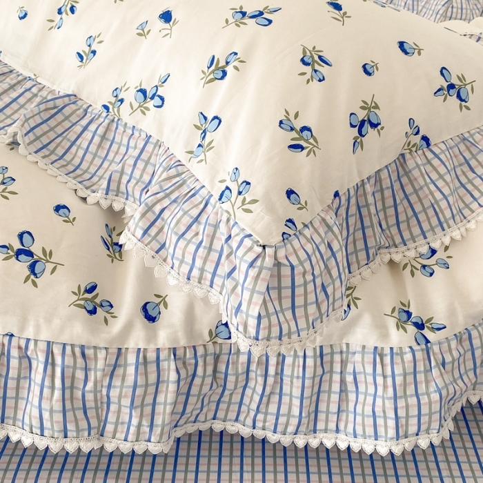 91家纺网 家纺一手货源 找家纺 昔可家纺 2022新款全棉格子花边款四件套 蓝色郁金香