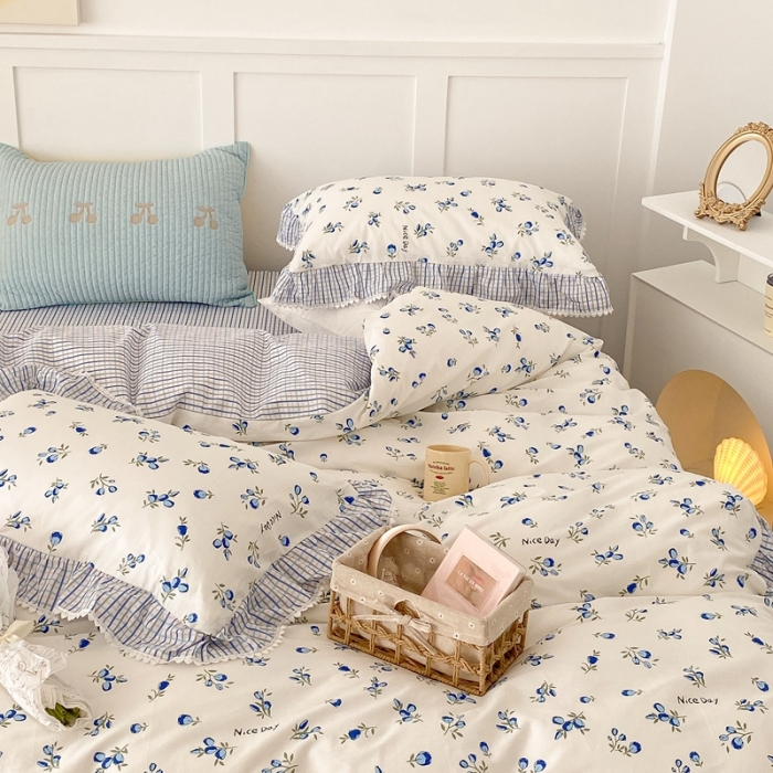 91家纺网 家纺一手货源 找家纺 昔可家纺 2022新款全棉格子花边款四件套 蓝色郁金香