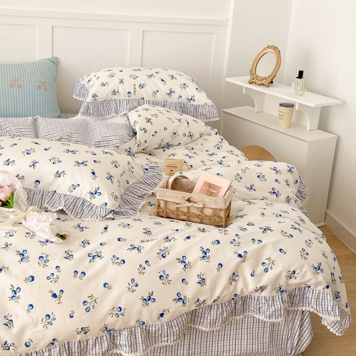 91家纺网 家纺一手货源 找家纺 昔可家纺 2022新款全棉格子花边款四件套 蓝色郁金香