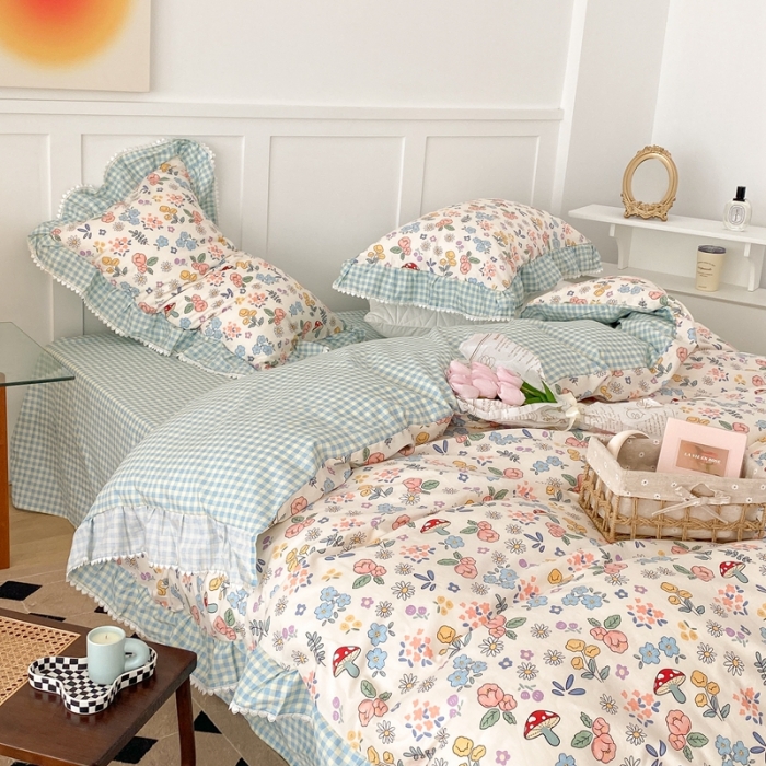 91家纺网 家纺一手货源 找家纺 昔可家纺 2022新款全棉格子花边款四件套 蘑菇花丛