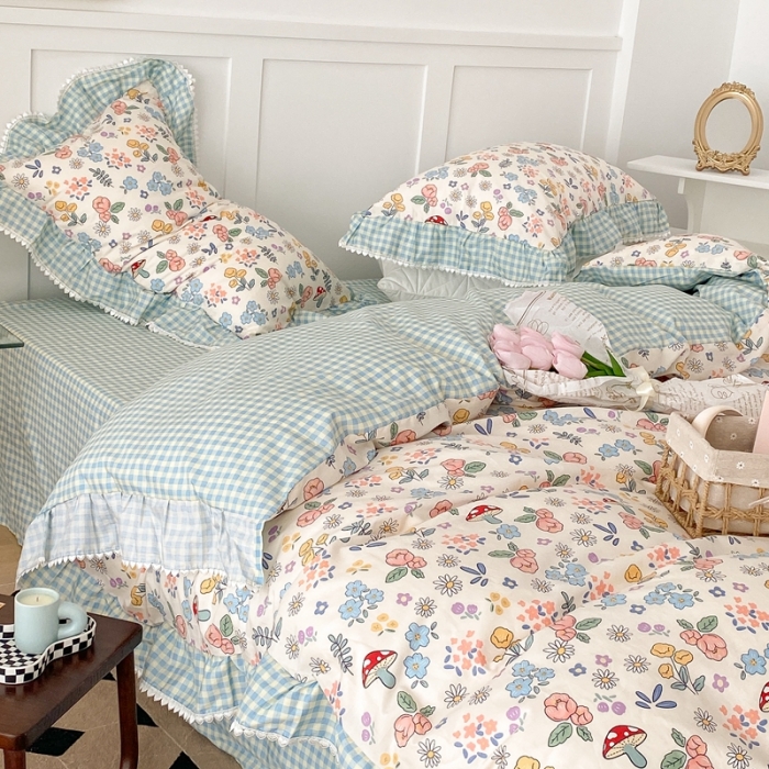 91家纺网 家纺一手货源 找家纺 昔可家纺 2022新款全棉格子花边款四件套 蘑菇花丛