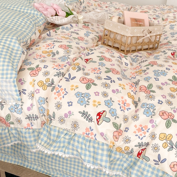 91家纺网 家纺一手货源 找家纺 昔可家纺 2022新款全棉格子花边款四件套 蘑菇花丛