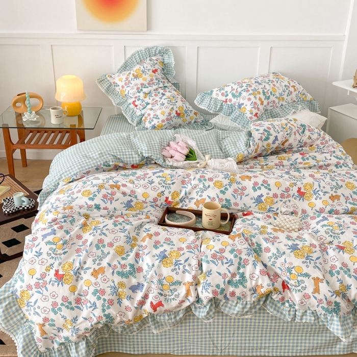 91家纺网 家纺一手货源 找家纺 昔可家纺 2022新款全棉格子花边款四件套 田园兔兔