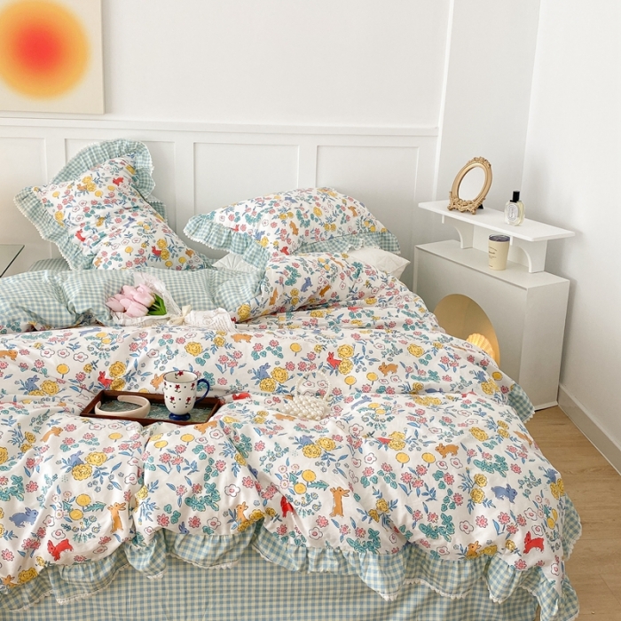 91家纺网 家纺一手货源 找家纺 昔可家纺 2022新款全棉格子花边款四件套 田园兔兔