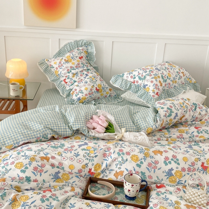 91家纺网 家纺一手货源 找家纺 昔可家纺 2022新款全棉格子花边款四件套 田园兔兔