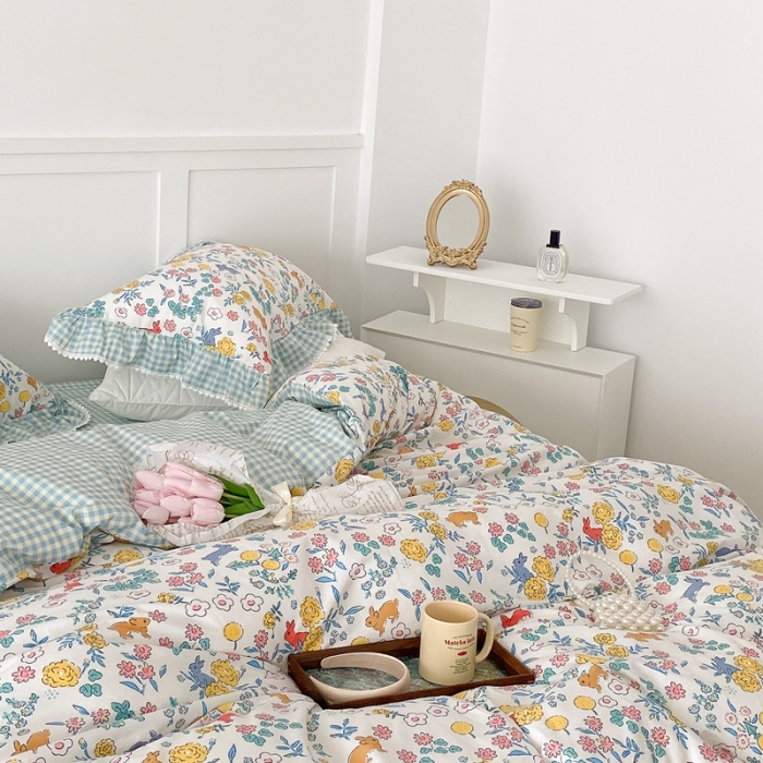 91家纺网 家纺一手货源 找家纺 昔可家纺 2022新款全棉格子花边款四件套 田园兔兔