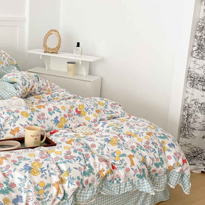 91家纺网 家纺一手货源 找家纺 昔可家纺 2022新款全棉格子花边款四件套 田园兔兔