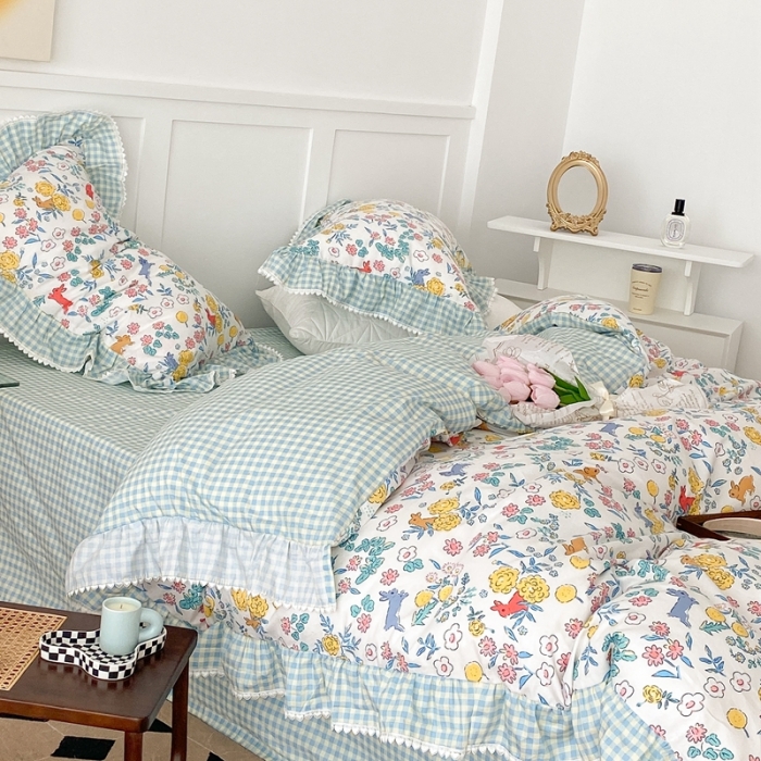 91家纺网 家纺一手货源 找家纺 昔可家纺 2022新款全棉格子花边款四件套 田园兔兔