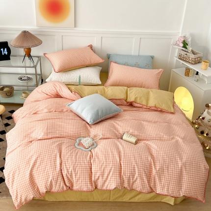 91家纺网 家纺一手货源 找家纺 昔可家纺 2022新款全棉贝壳三角针格子款四件套 粉黄格