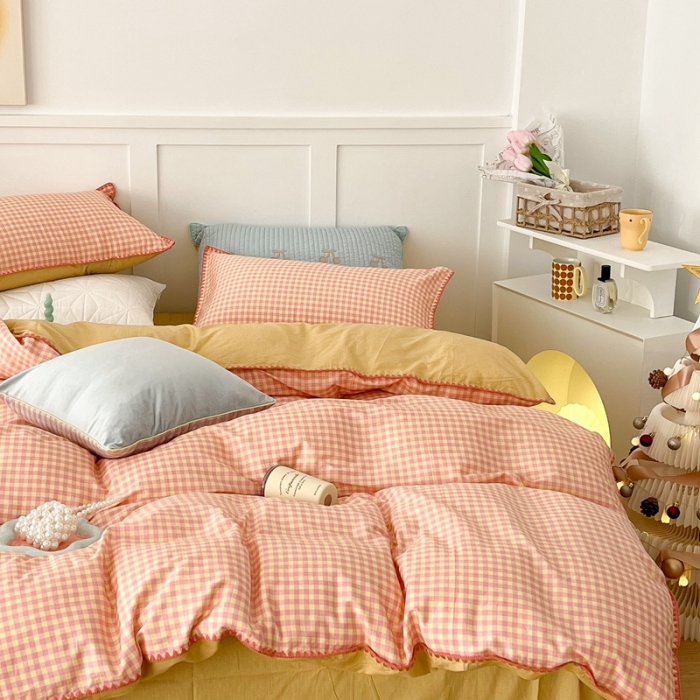 91家纺网 家纺一手货源 找家纺 （总）昔可家纺 2022新款全棉贝壳三角针格子款四件套