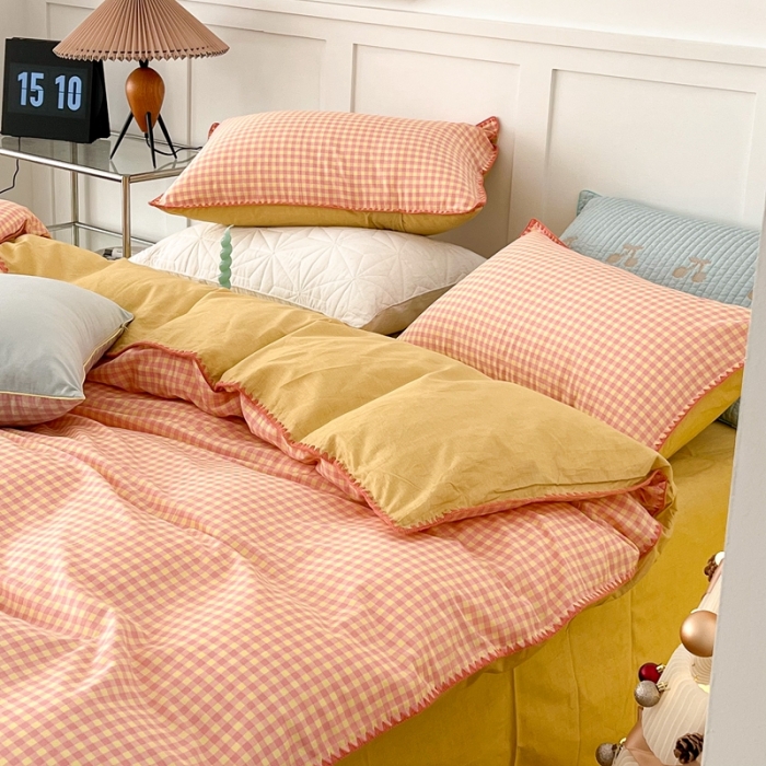 91家纺网 家纺一手货源 找家纺 （总）昔可家纺 2022新款全棉贝壳三角针格子款四件套