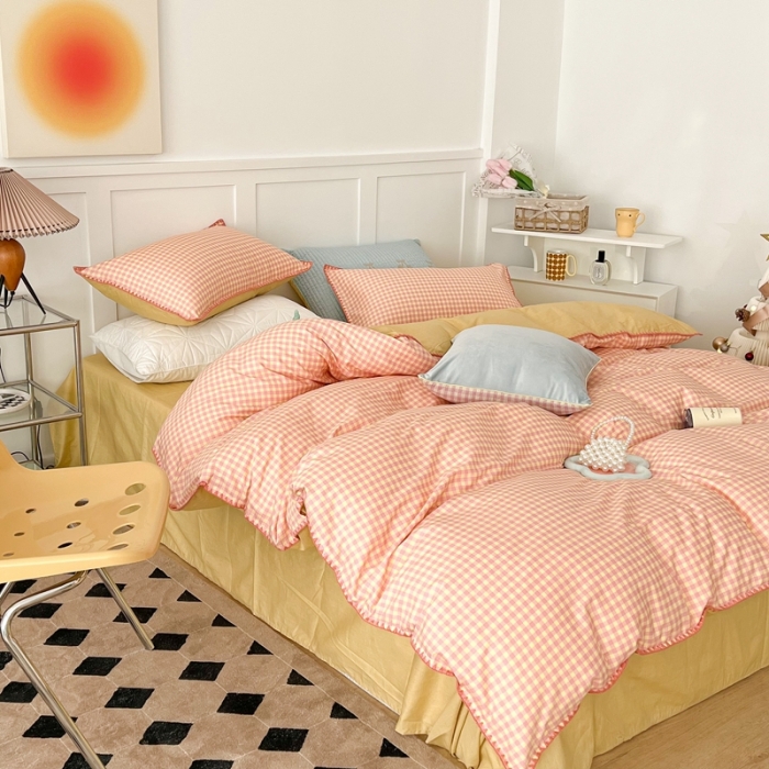 91家纺网 家纺一手货源 找家纺 （总）昔可家纺 2022新款全棉贝壳三角针格子款四件套